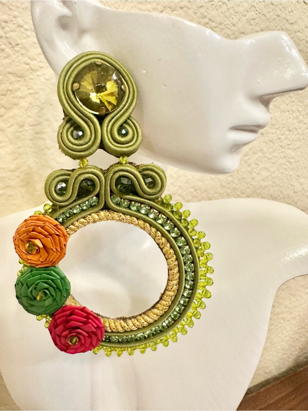 Handcrafted Green Soutache Hoop Earrings with Multicolor Floral Accents